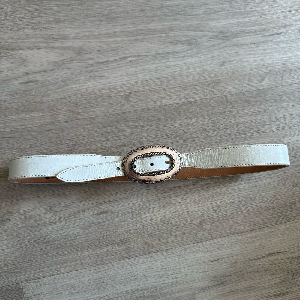 Vintage 1991 Justin White Leather Belt with Silver Oval Buckle Size 28